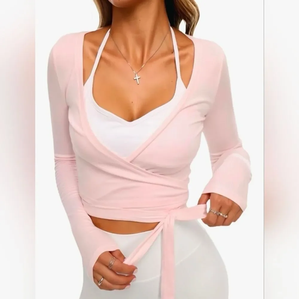 ☔️🔸️🅰️NWT Pink Reversible Crisscross Tie Long Sleeve Top Medium